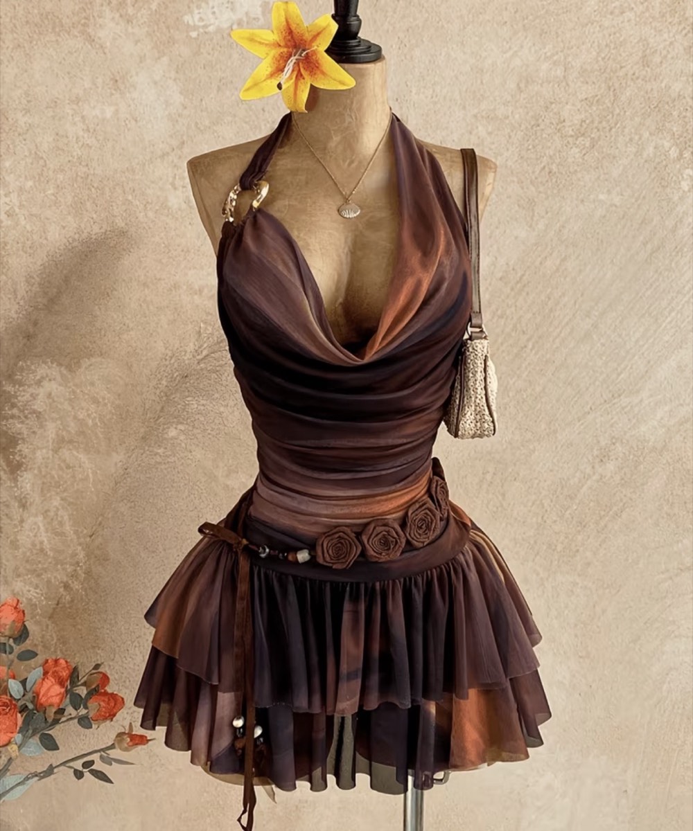 Brown halter mini dress
